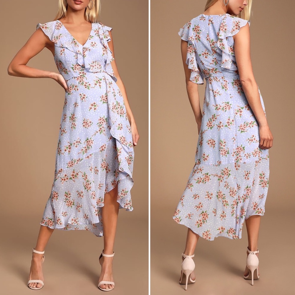 LULUS Cairo Floral Print Ruffled Midi Dress